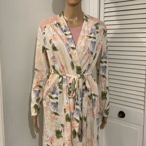 Motherhood Maternity Peach and Lavender Floral Nursing Robe with Lace Trim